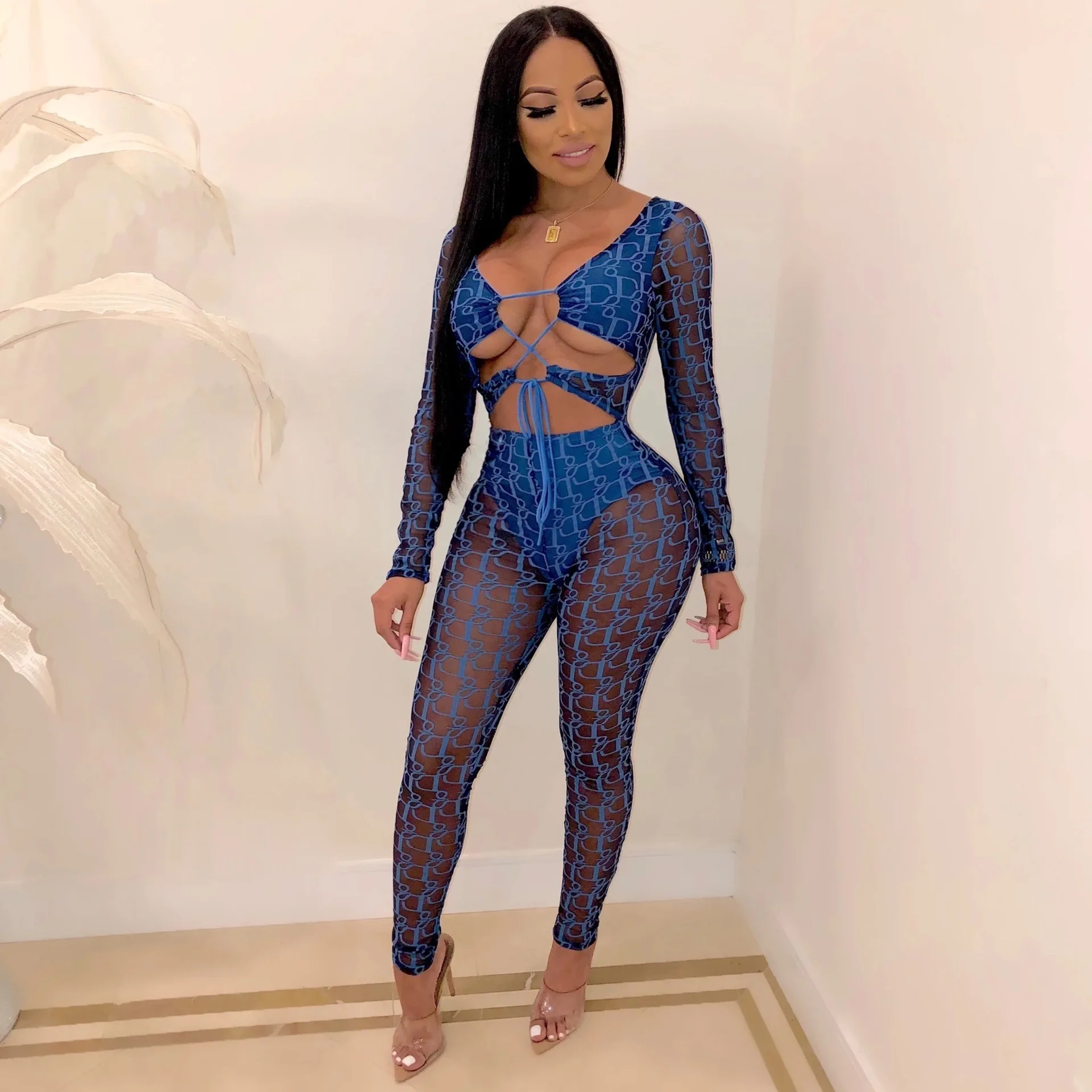 B91236 2019Women fashion sexy letter  printing jumpsuit long sleeve women bodycon jumpsuit pencil pants mesh sexy women jumpsuit