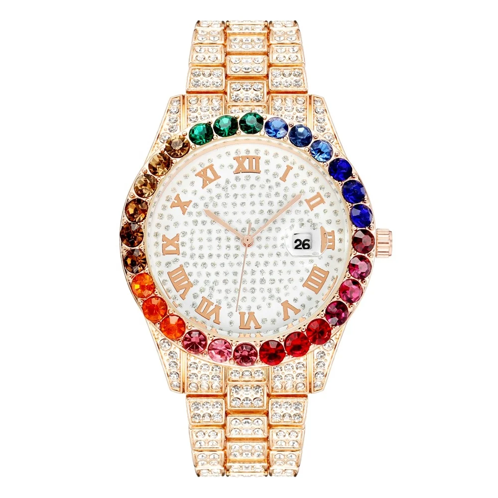 In stock colorful quartz diamond watch hip hop ice out with calendar quartz luxury watch