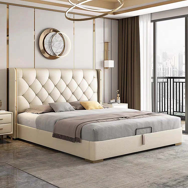 Высококачественные современные двухместные кожаные деревянные кровати роскошные наборы для хранения спальни отель мягкий King Size высокая задняя