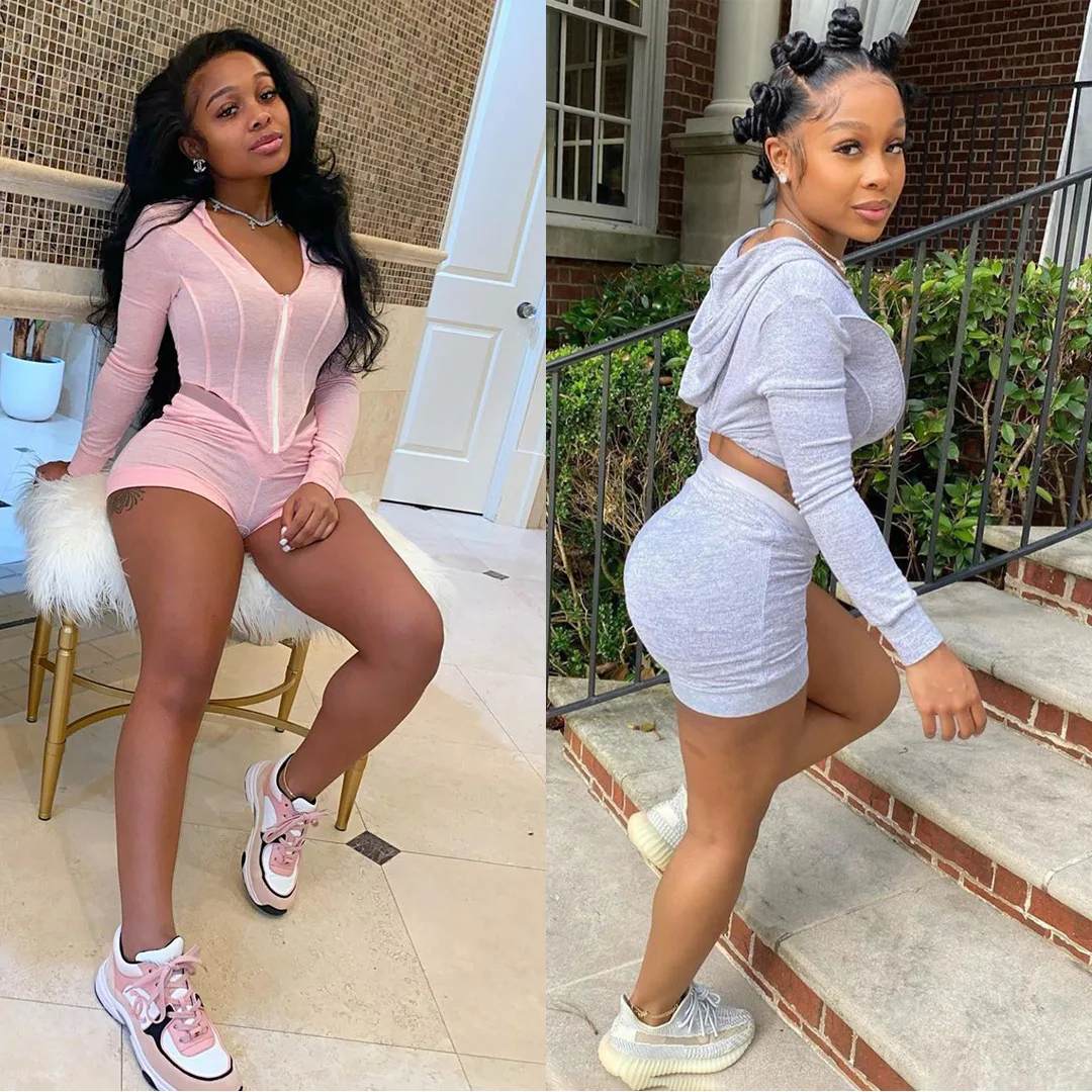 Summer 2022 Women Clothing Zipper Velour Tracksuits Trendy Pink Solid Short Hoodie Two Piece Set Outfits