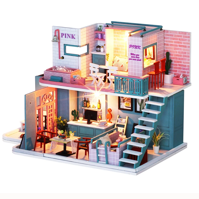 IIECREATE DIY Assemble Wooden House K-034 Pink Cafe Miniature Dollhouse Kits With Light