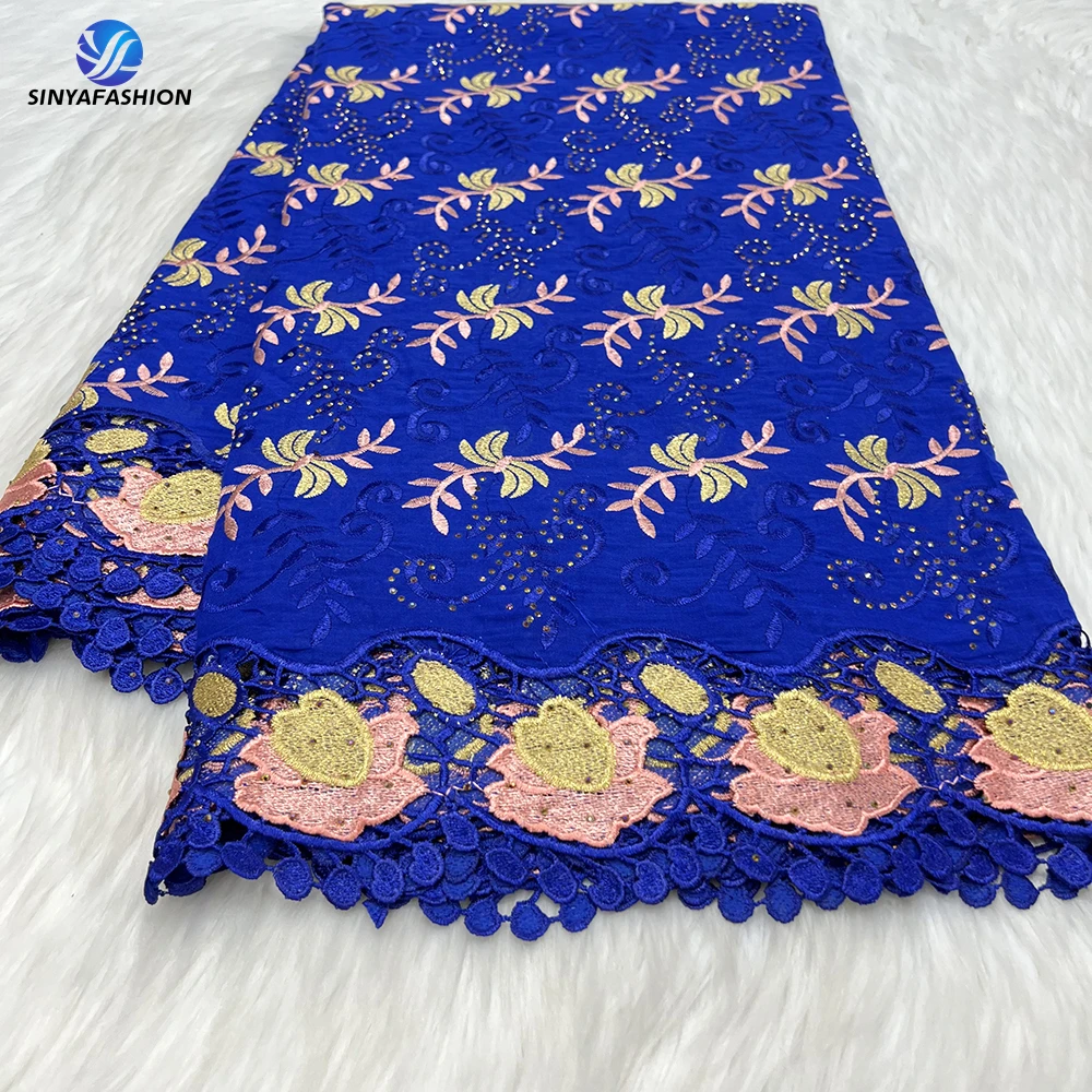 Sinya Beautiful African Swiss Voile Lace In Switzerland 100% Cotton Royal Blue Embroidered Stones Guipure Cord Brode Lace
