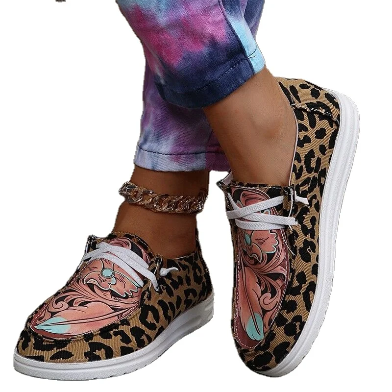 J&H 2022 cheetah striped print canvas trendy walking style shoes women slip on causal flat shoes big size loafers