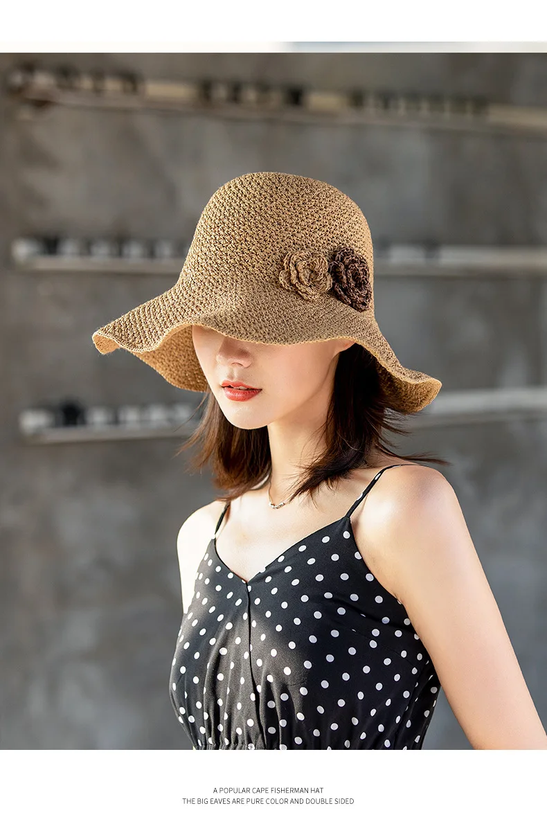 Women Fashion Hats Packable Paper Straw Hand Crochet Sun Hat Wide Brim Floppy Dress Beach Hats with Flowers