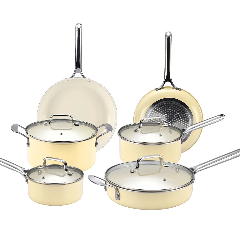 Nonstick Pots and Pans Set PFA Free eco-Friendly Ceramic Interior Heavy Gauge Enamel Aluminum Pots and Pans Cookware Set