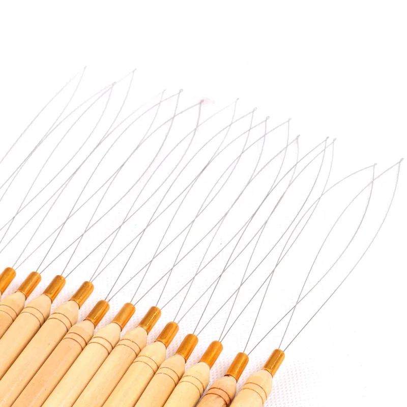 Wooden Handle Hair Extension Weaving Crochet Hook Needle Tools Lace Wig Micro Ring Loop Hook Needle