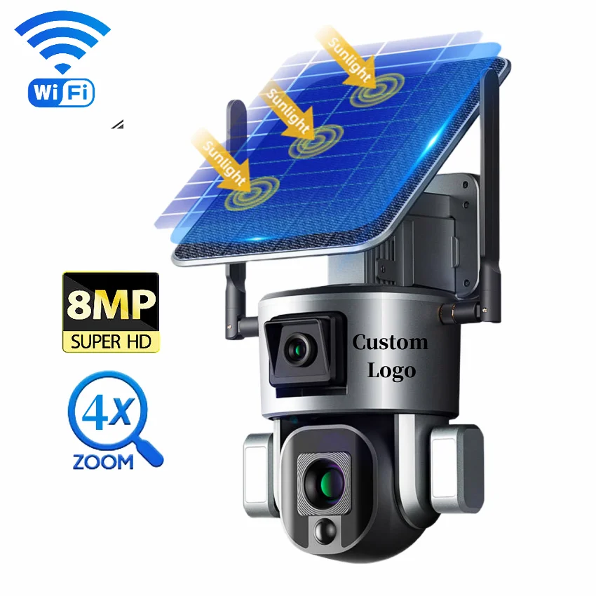 Custom Logo 8MP WiFi 4X Zoom PTZ Solar Powered Security System Dual Lens Wifi Outdoor Solar CCTV Camera