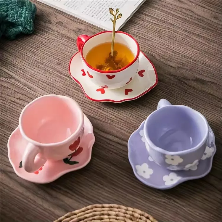Modern nordic pink tulip cute girls gift small porcelain cup set cappuccino latte tea cup ceramic coffee cups with saucer