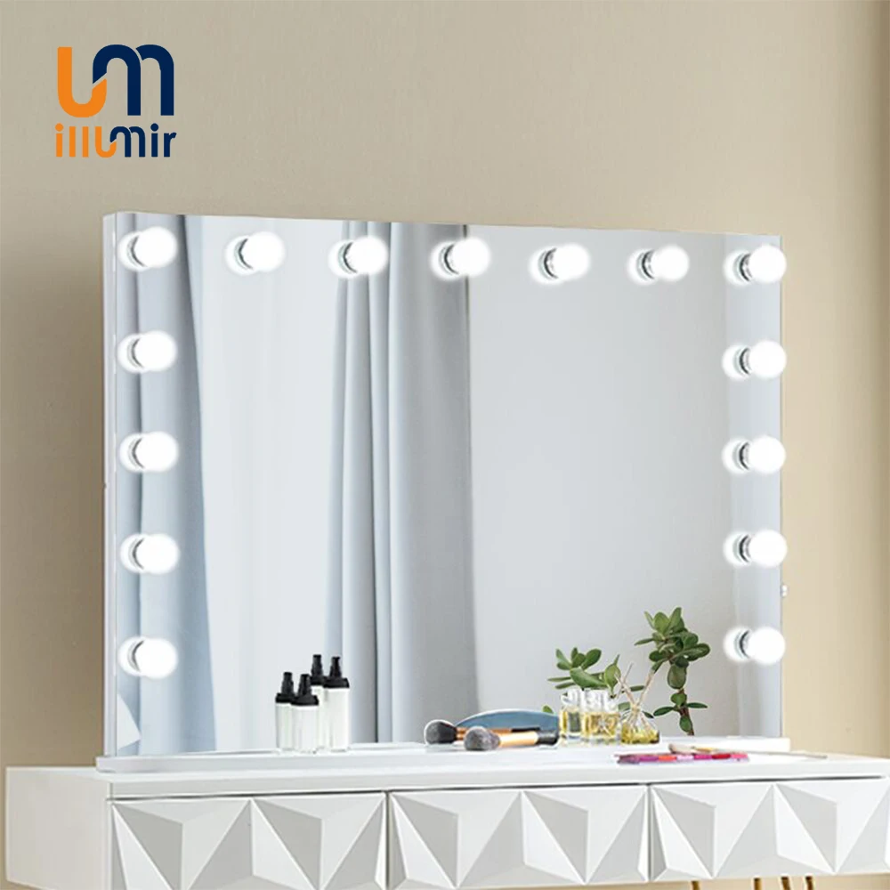 ILLUMIR HD Hollywood Style Mirror Large Aluminum Framed Led Lighted Table Vanity with 15 Light Bulbs for Girl Vanity Cosmetic