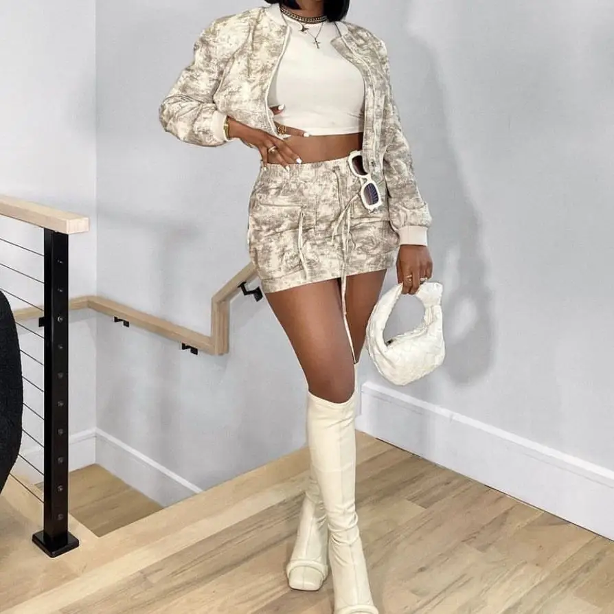 Fashion Street Wear Elegant Long Sleeve Jacket Top and Mini Cargo Skirt Sets Women 2 Piece Outfits