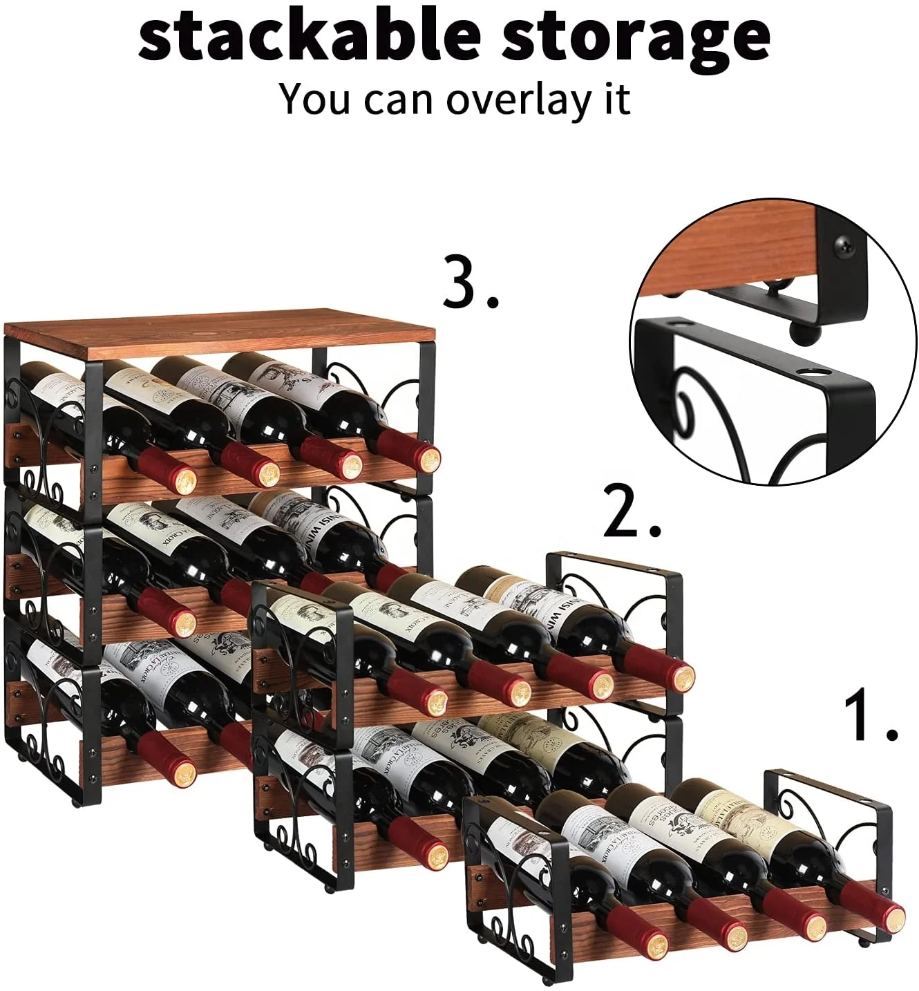 Hot Selling Countertop Wine Rack Wood Metal Wine Bottle Holder Storage Rack Stand Stackable Perfection Organizer
