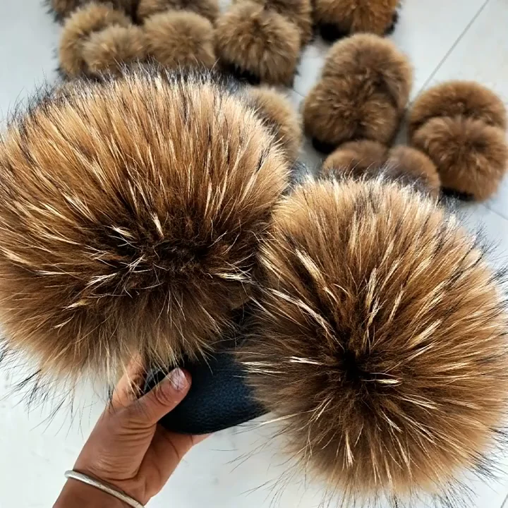 
Popular fur slides for women fur slippers racoon fur slides 