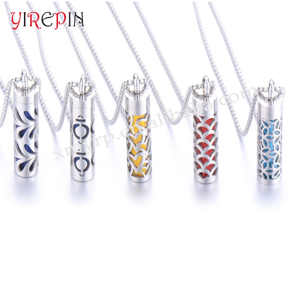 Stainless Steel Hollow Cylinder Couple Necklace Gift Jewelry Aromatherapy Perfume Essential Oil Diffuser Bottle Necklace