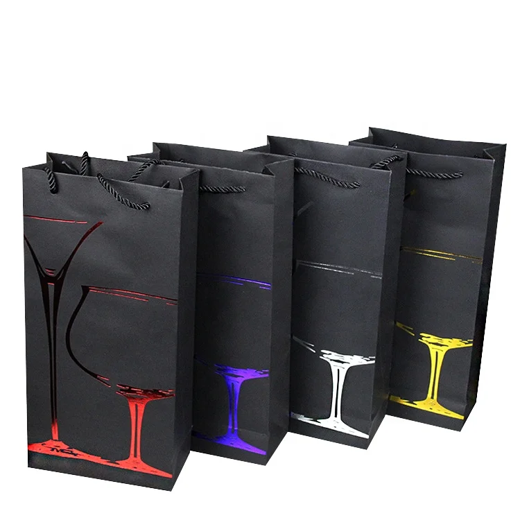 Factory direct sale black wine bags with handles Wholesale two bottle pack red wine paper bag