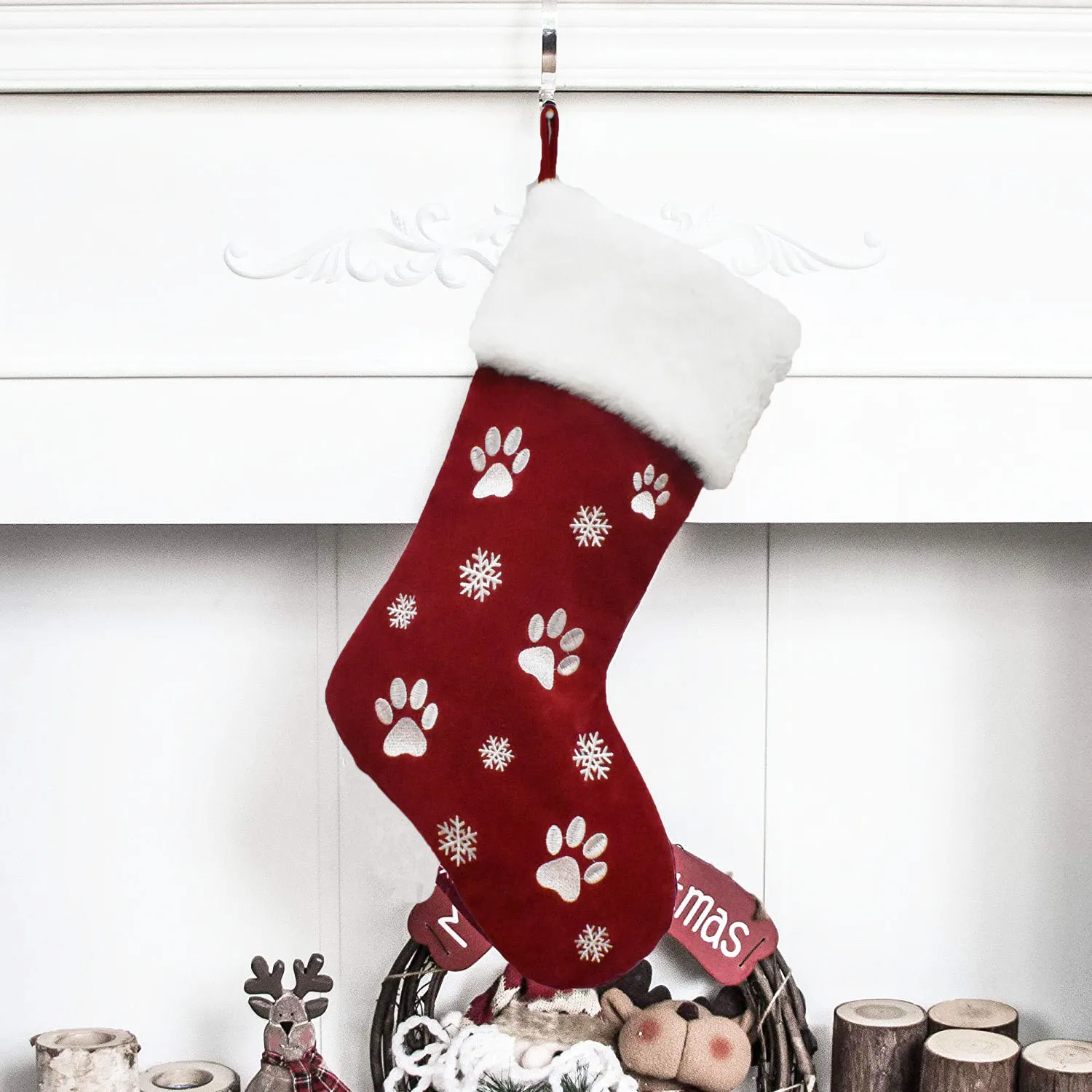 Christmas Stocking Personalized Red Green Stockings With Paw Prints Around Christmas Stocking Pet Paw