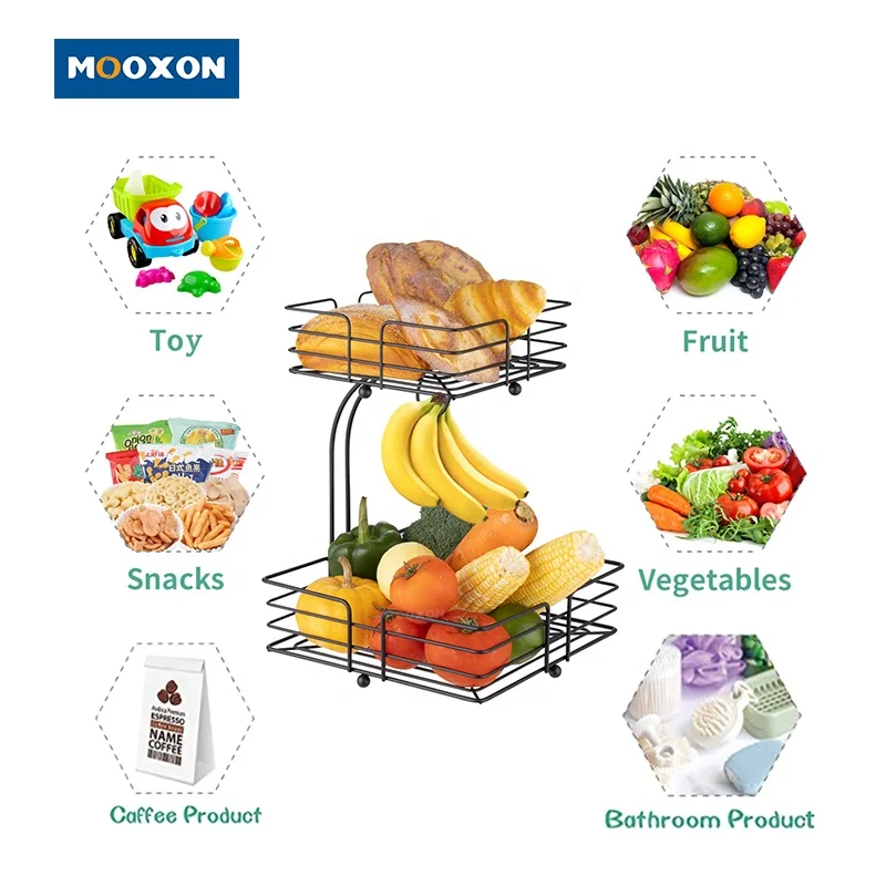 OEM 2-Tier Square Black Organizer Metal Fruits Holder Banana Hanger Kitchen Storage Fruit Vegetables Basket Bowl for Countertop