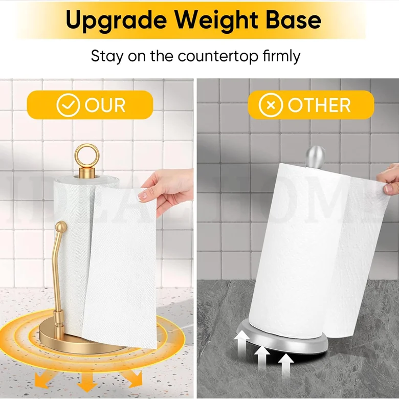 Gold Stainless Steel Paper Towel Holder with Weighted Base Non Slip and Spring Arm