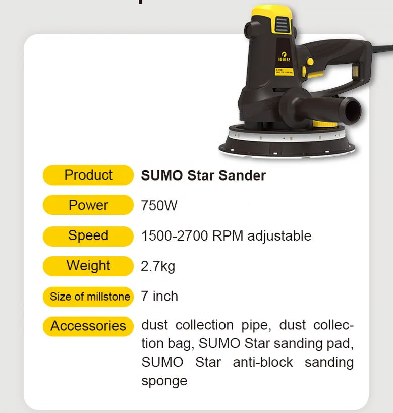 Fine grinding hand-held dustless 750W orbital electric Sander Machine for cement floor daywall putty dry polishing sander