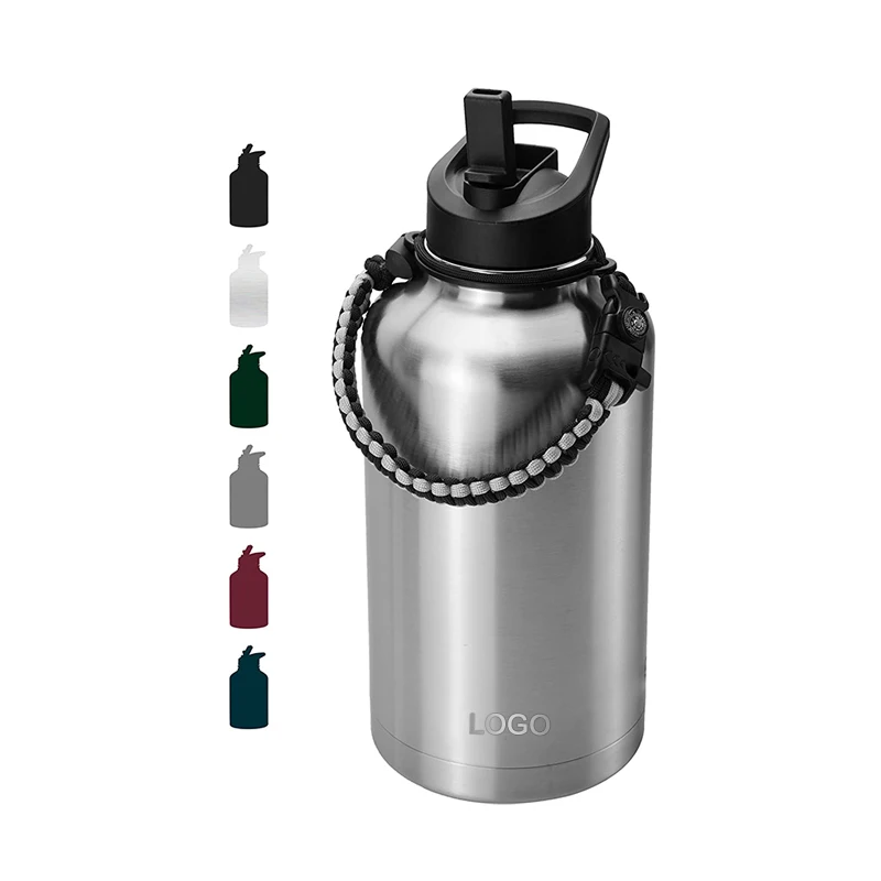 Costom Logo BPA Free Thermos 64 oz Straw Lid Half Gallon Jug Wide Mouth Stainless Steel Sports Gym Water Bottle