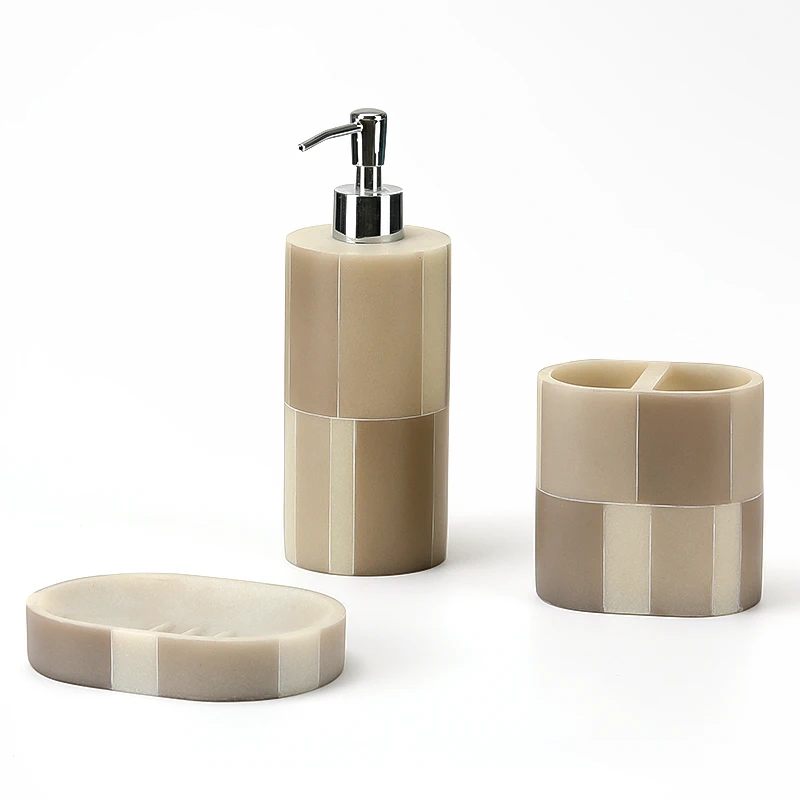 Custom Resin Bathroom Set Soap Dish Lotion Dispenser 4-Pieces Bathroom Accessories Set Beige Stripe Resin Bathroom Accessories
