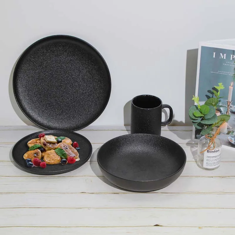 Yubinghua Chaozhou Japanese Style Black Products in Bulk Matte Stone Ceramic Plate for Dinnerware Sets