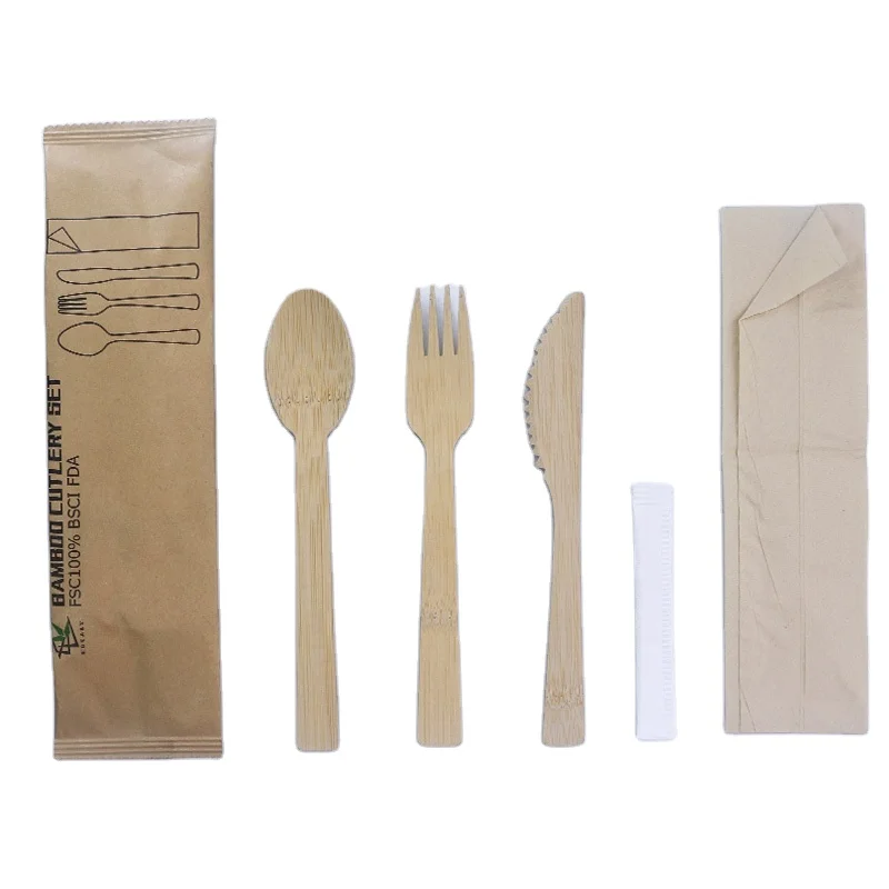 Wholesale bamboo cutlery set  disposable bamboo wood fork spoon knife set flatware set for restaurant
