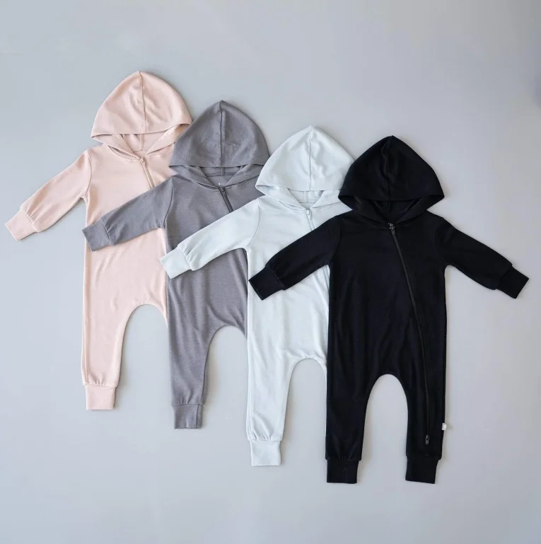 100% Cotton Organic Infant Jumpsuit Zipper Baby Rompers Custom Print Solid Hooded Romper Pajamas  Bodysuit Set