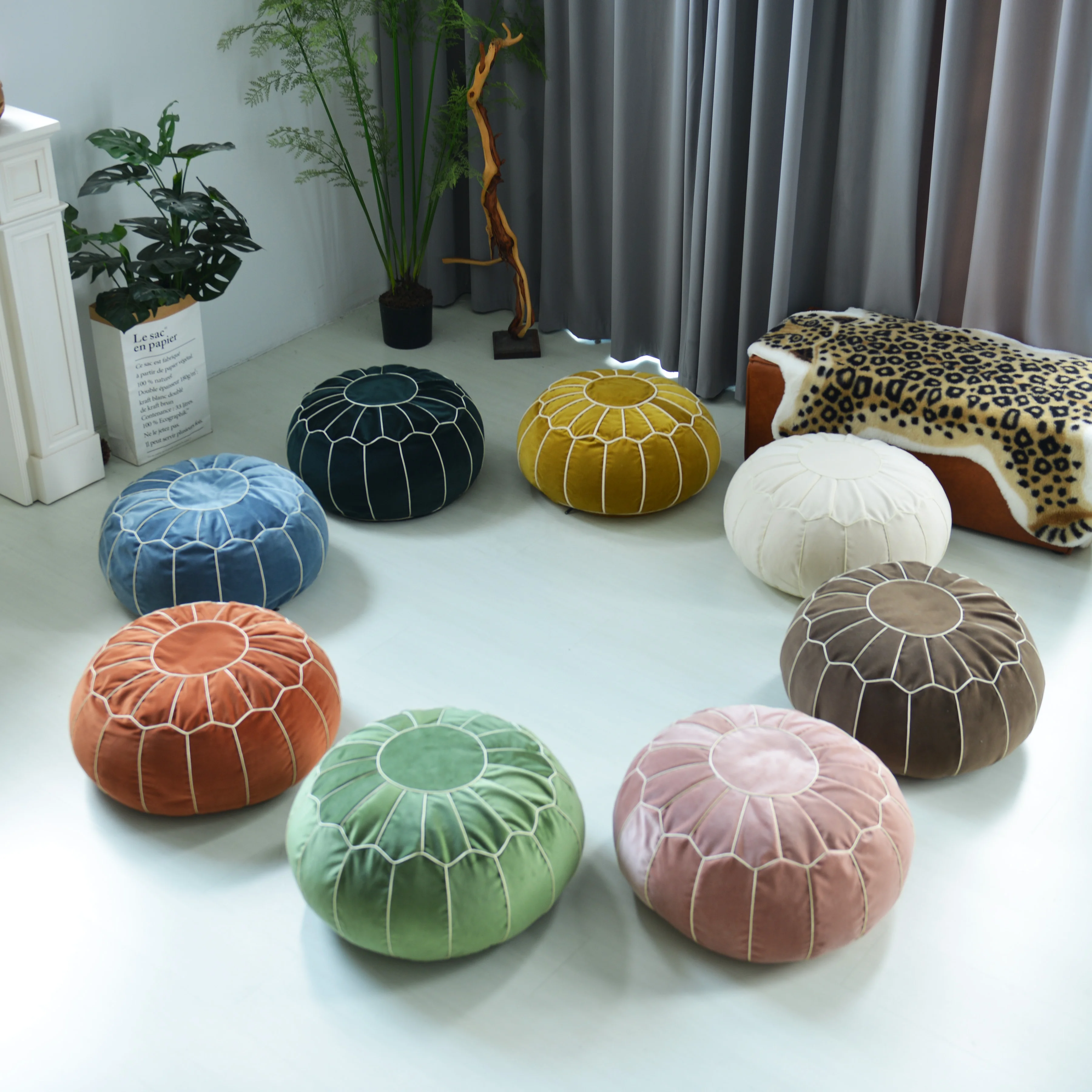 Moroccan Pouf for Meditating Meditation Round Cushion Velvet Ottoman Bean Bag Round Pouffe in Living Room Bedroom