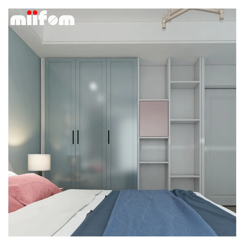 Minimalist White Blue Wardrobe with Multiple Compartments and Hanging Rails for Compact Bedroom Storage Solutions