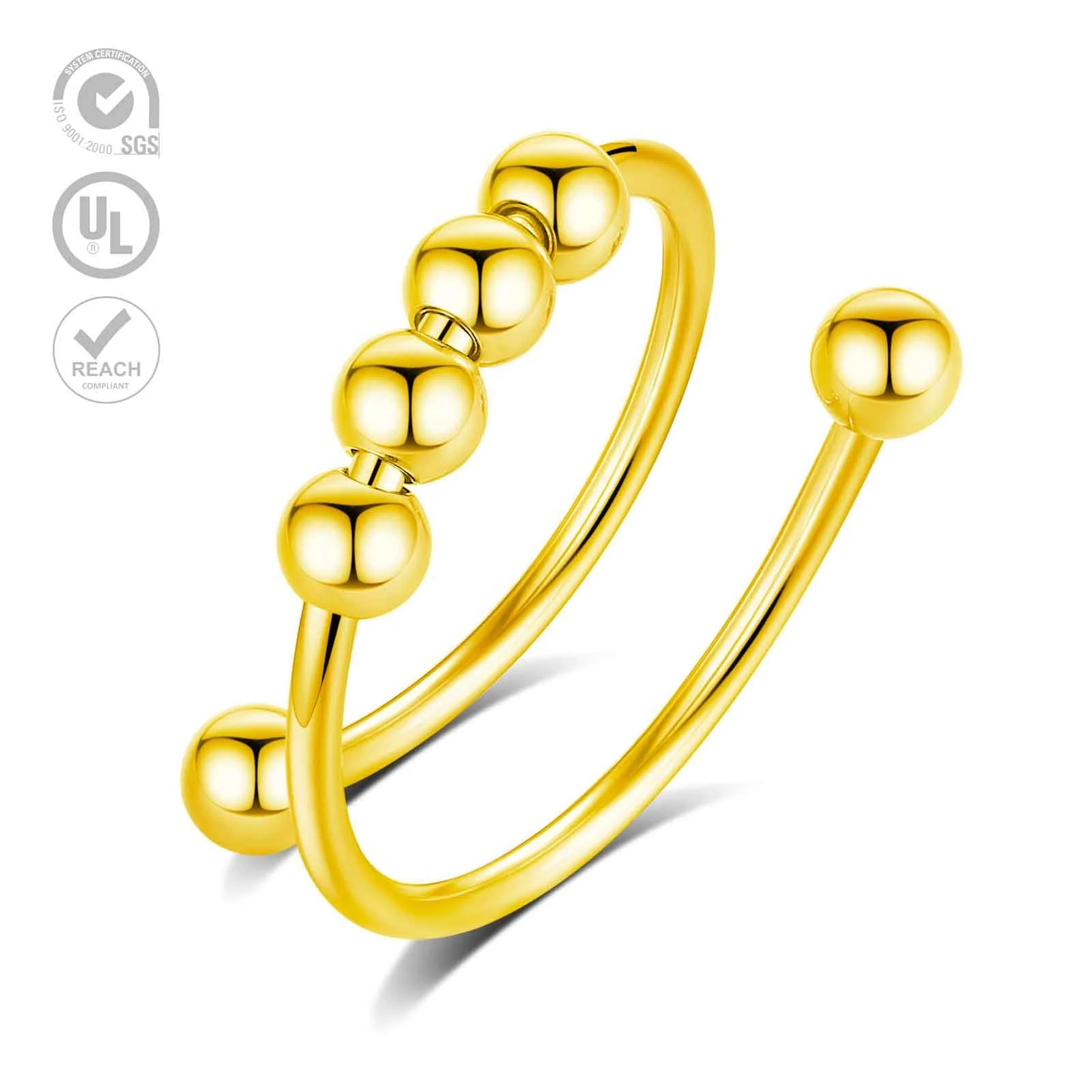 Waterproof Gold Plated Jewellery Rotatable Beads Anti Fidget Anxiety Adjustable Rings for Women
