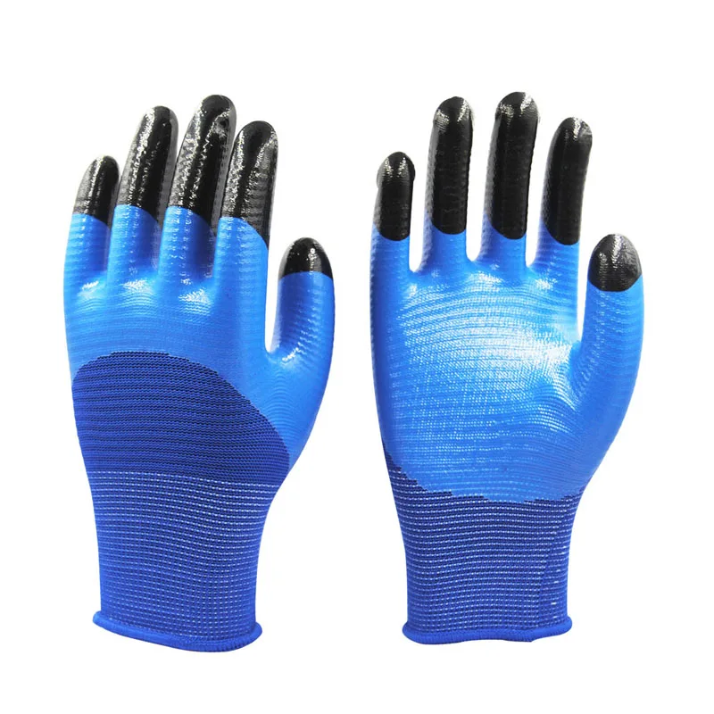 High Quality Polyester Dipped Double Finger Dipped Construction 13G Nylon Orange Nitrile Half Coated Garden Work Gloves