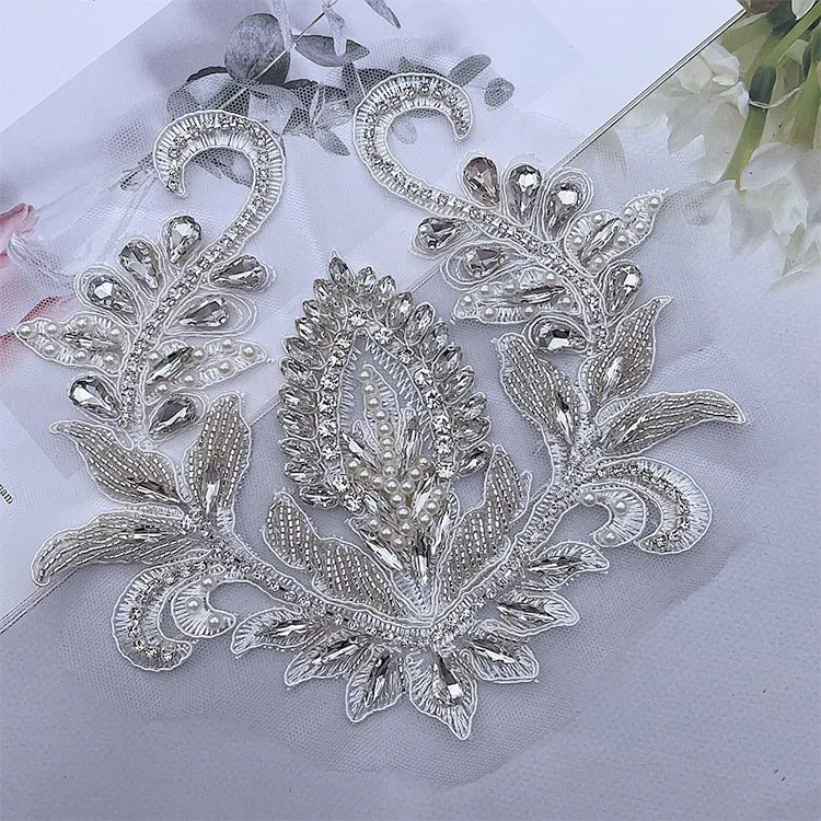 Handmade Flower Sew On Pearl Rhinestone Applique Bodice Dress Patches For Ironing In Clothes With Crystals