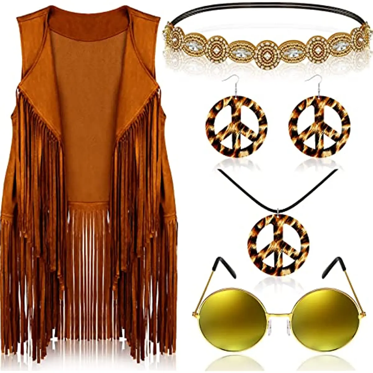 6 Pcs 60s 70s Hippie Costume for Women Peace Sign Earring Necklace Headband Fringe Vest Tassel Cardigan