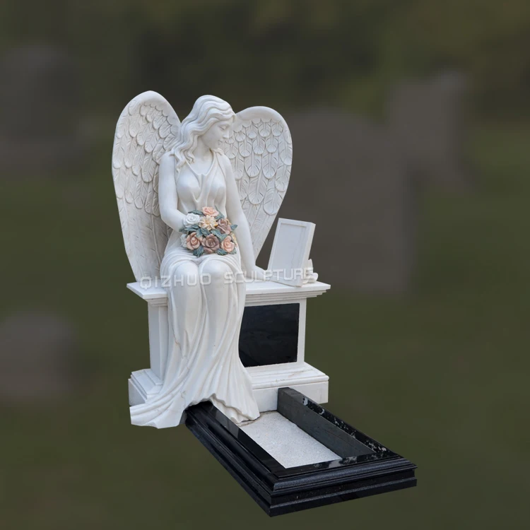 Hand Carved Cemetery Natural Stone Tombstone and Headstone Weeping Angel Marble Bench
