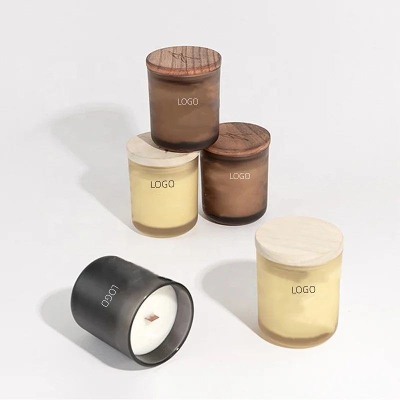 Wholesale 8oz unique round luxury empty glass candle jar with wooden cover