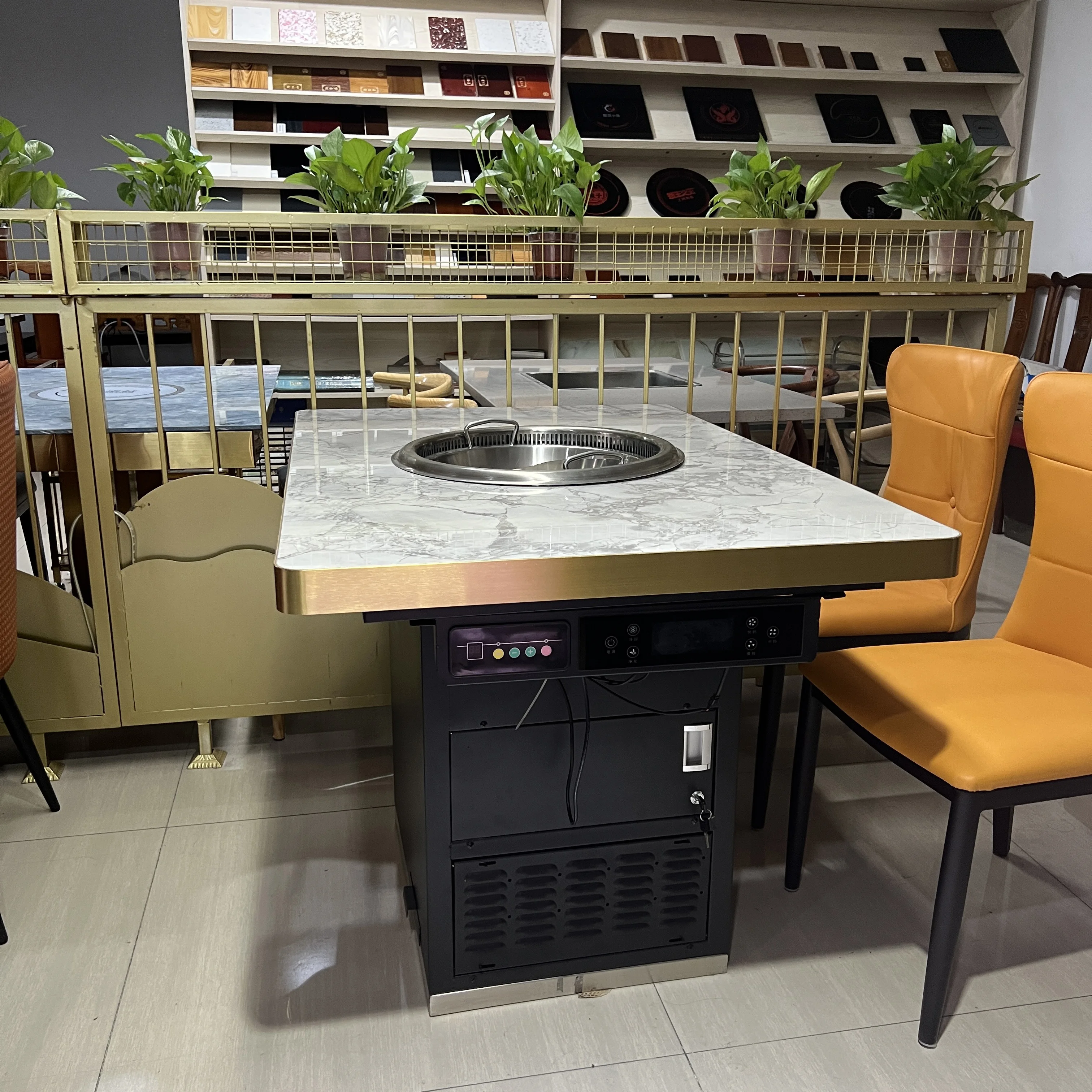 Zhuoyue P6 Smokeless Korean wholesale Built-in Hidden hot plat table smokefree grilled shabu integrated table Steamboat Table