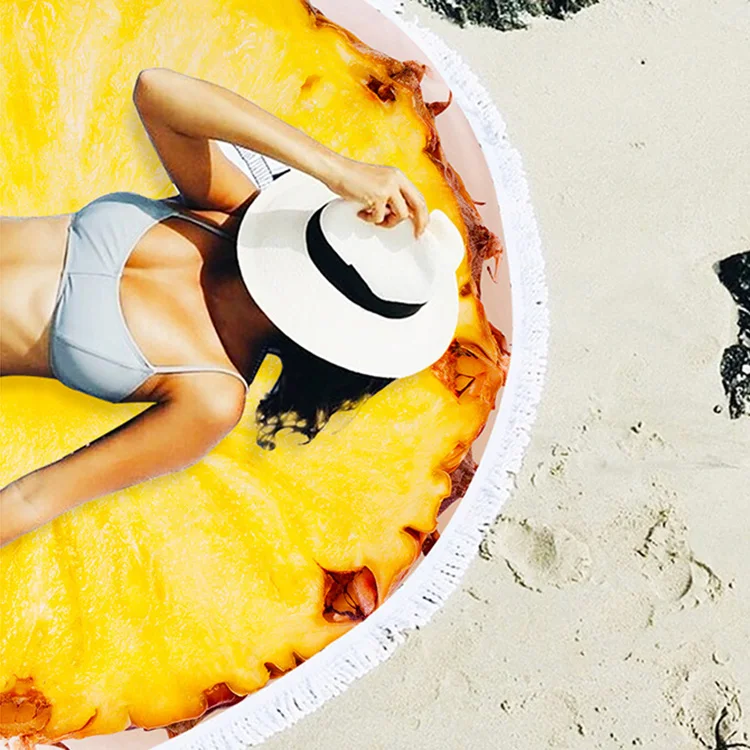 Trendy Watermelon Kiwi Print Fruit Oversize Round Thick Microfiber Beach Towel with Tassels