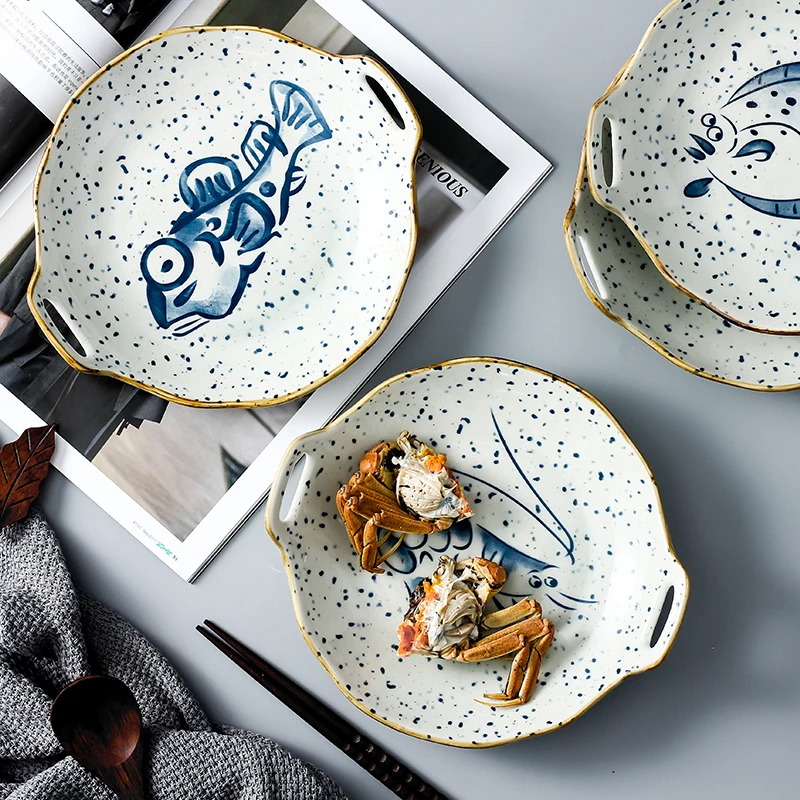 Vintage Design Fish Shrimp Pattern Soy Sauce Dish Wholesale Rustic Seafood Pattern Ceramic Dinner Plates Set