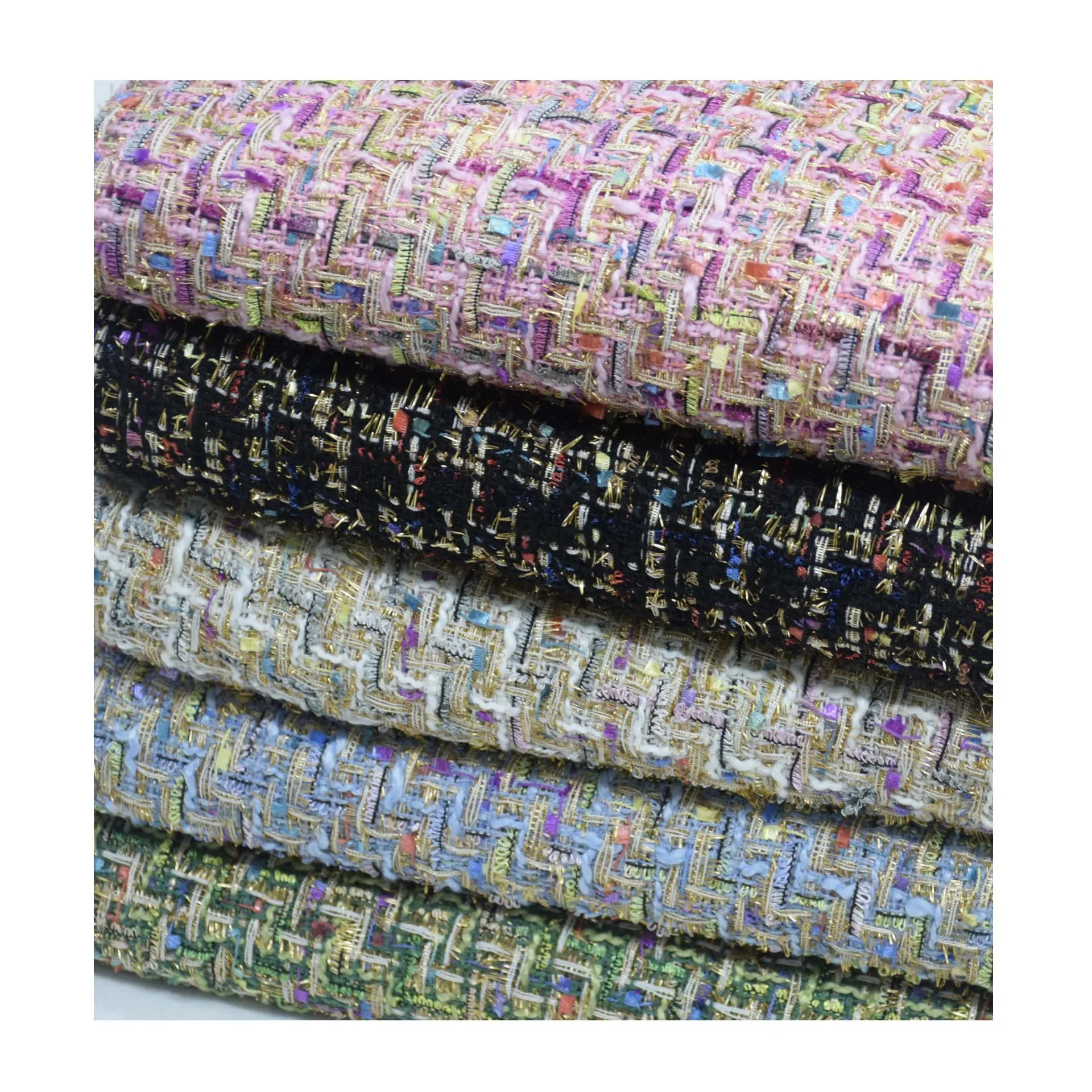 Hot Sale Wholesale Elegant Soft Textile  colourful Tweed  Knit Plaid Polyester Fabric for Lady Dress Suit Garment