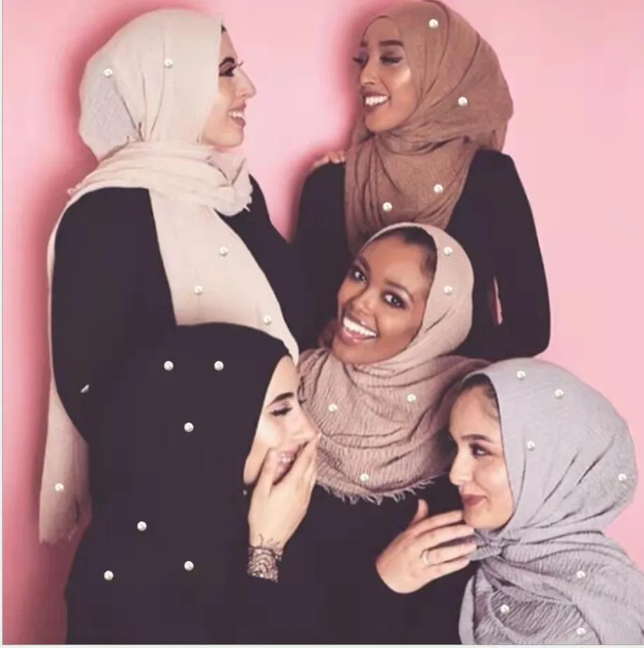 OEM Source factory  customized crinkle cotton big pearl hijab high fashion foulard hijab
