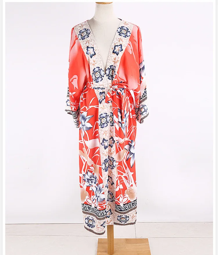 Длинное кимоно в стиле бохо с цветочным принтом женская одежда с поясом Праздничная шикарная Цыганская накидка в богемном стиле накидка халат из хлопка