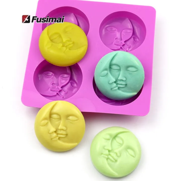 Fusimai 4 Cavity Silastic 3D Lotion Bars Craft Art Molding Silicone Sun & Crescent Moon Face Soap Mold