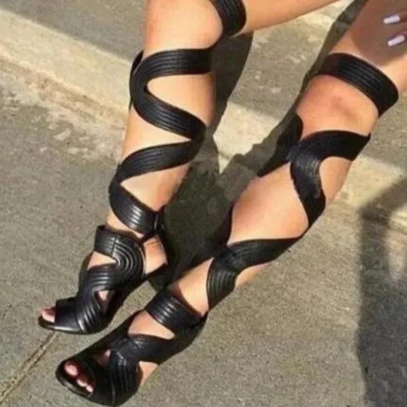 Sexy Strappy Cut-outs Lace up Over The Knee Boots Black Leather Gladiator Sandals Boots Cut-out High Heels Lace-up Dress Shoes