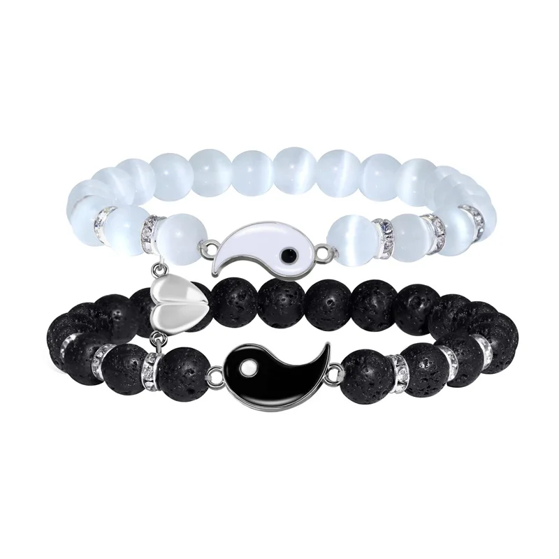 New Trendy Tai Chi Yin Yang Couple Bracelet White And Black Lava Natural Stone Love Heart Magnetic Couple Bracelet