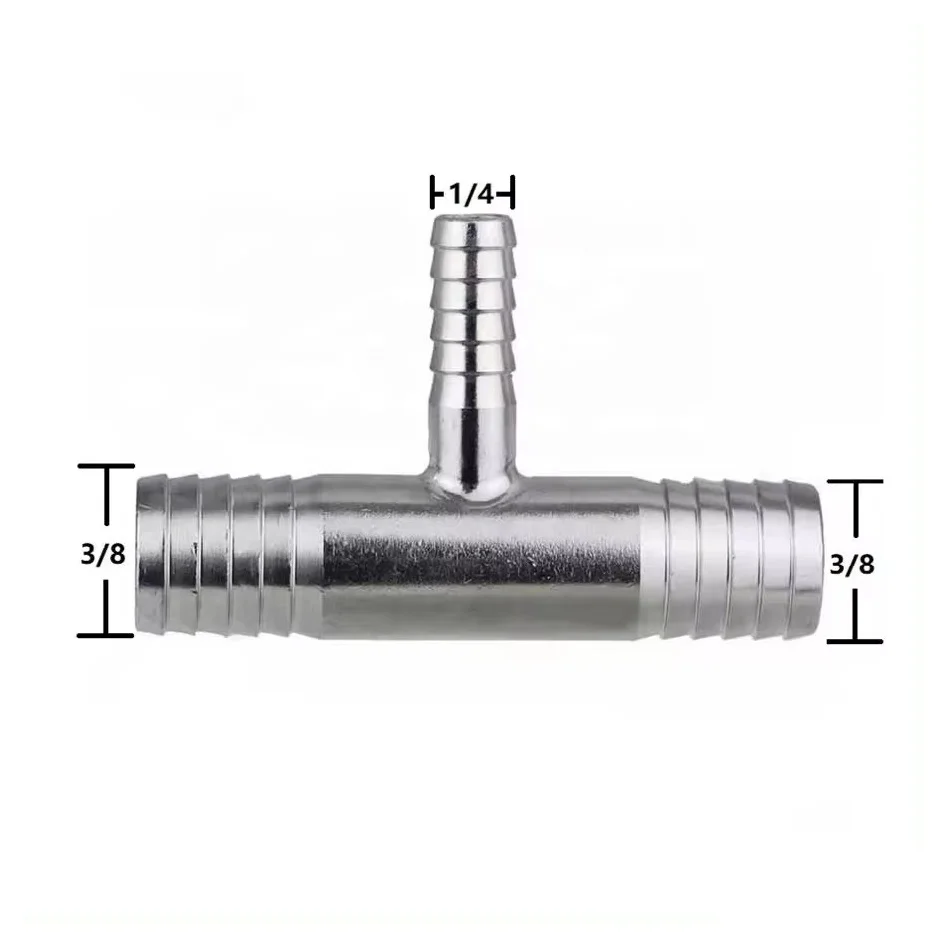 304 Stainless Steel Forge Branch Tee Fitting 3/8 Barb Hose Adapter Cross Manifold Food Beverage Distribution-Pipe Fittings Beer
