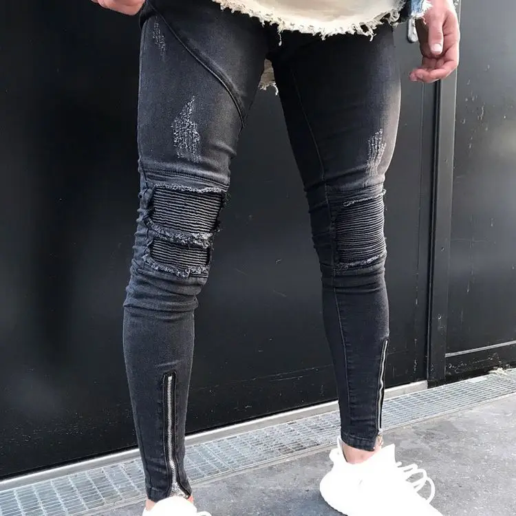 Low Price Mens Skinny Jeans with Zipper Wrinkle Design Jeans Denim Fabric Slim Straight Black Casual 4 Seasons Dark Wash 2pieces
