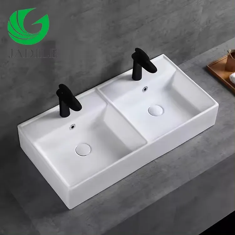 Modern Rectangular White Ceramic Double Bowls Countertop Vanities Lavabos Bathroom Art Wash Basin Sink