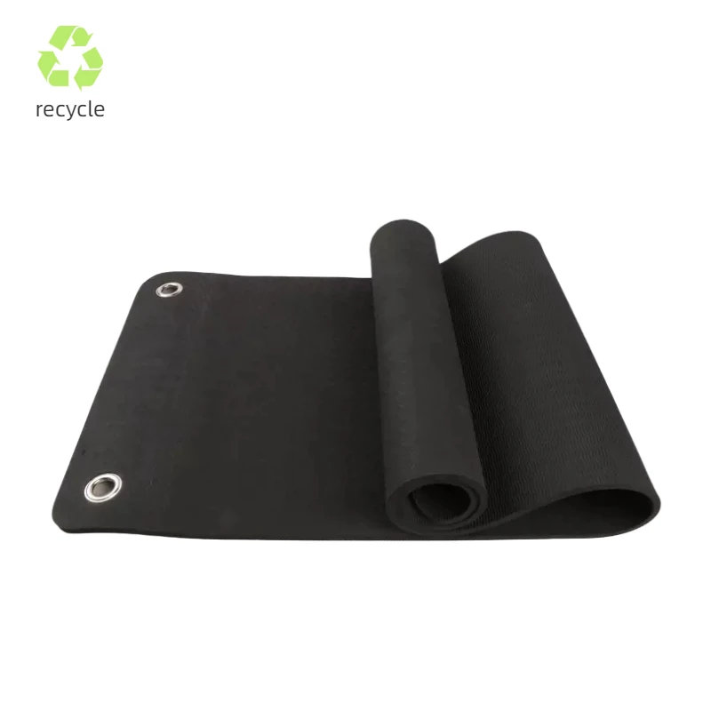 Workout Gym Studio Wall Hanging Custom Printed Eco-friendly Durable Non Slip Exercise Thick Black TPE  Yoga Mat With Eyelet Hole