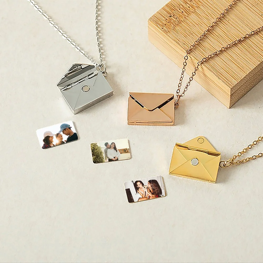 Engraved Envelope With Secret Message Pendant Necklace Custom Color Photo Open Locket Shopify Dropshipping Service