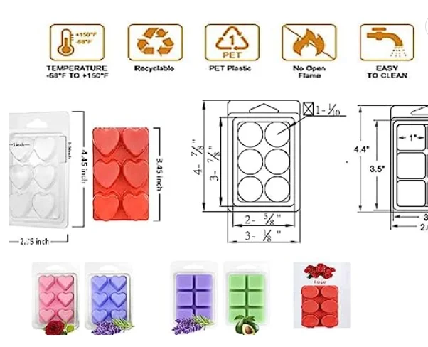 Wax Melt Packaging Molds 60 Pcs 6 Cavity Reusable Clear Plastic Clamshell Mould Cube Tray Clamshells for DIY Making Candle Soap